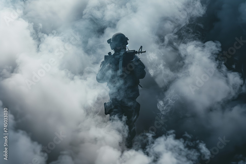Warrior Amidst the Mist. Soldier in combat gear hidden in swirling smoke