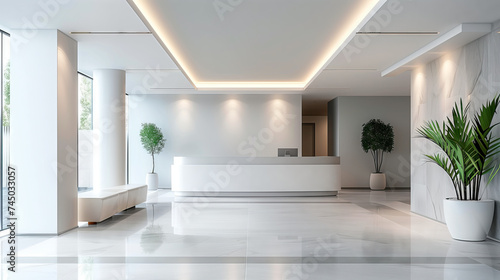 Minimalist Corporate Lobby Design. Bright and airy corporate lobby with minimalist decor