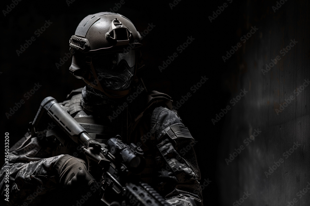 Close-Up of Soldier in Tactical Gear in Shadows. A low-key portrait of a soldier equipped with tactical gear, a helmet, and a firearm, partially concealed in the shadows.