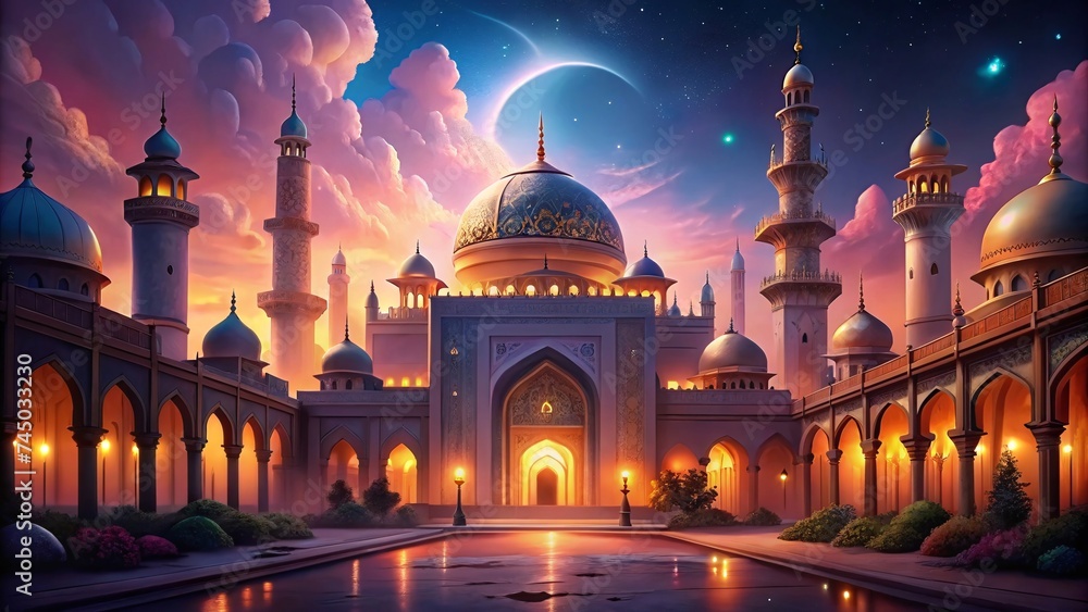Mosque at night with moon and clouds, Ramadan Kareem background