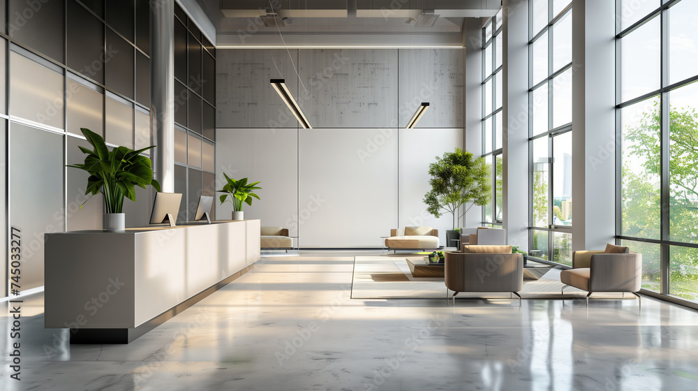 Chic Office Lobby with High Ceilings and Lush Greenery. An expansive office lobby boasting high ceilings and full-length windows, complemented by minimalist furniture and tasteful greenery. Chic Office Lobby with High Ceilings and Lush Greenery. An expansive office lobby boasting high ceilings and full-length windows, complemented by minimalist furniture and tasteful greenery.