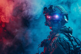 Futuristic Soldier with Night Vision Goggles in Smoke. A soldier in modern tactical gear with glowing night vision goggles stands enveloped in colorful smoke, creating a sci-fi atmosphere.