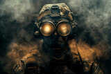 Soldier with Night Vision Goggles in Mist. Infantryman with glowing night vision goggles amidst swirling fog.