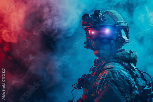 Futuristic Soldier with Night Vision Goggles in Smoke. A soldier in modern tactical gear with glowing night vision goggles stands enveloped in colorful smoke, creating a sci-fi atmosphere. photo