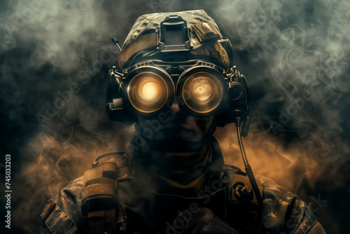 Soldier with Night Vision Goggles in Mist. Infantryman with glowing night vision goggles amidst swirling fog. photo
