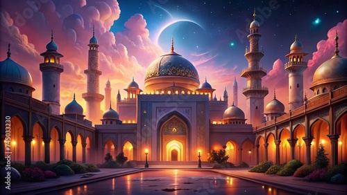 Mosque at night with moon and clouds, Ramadan Kareem background