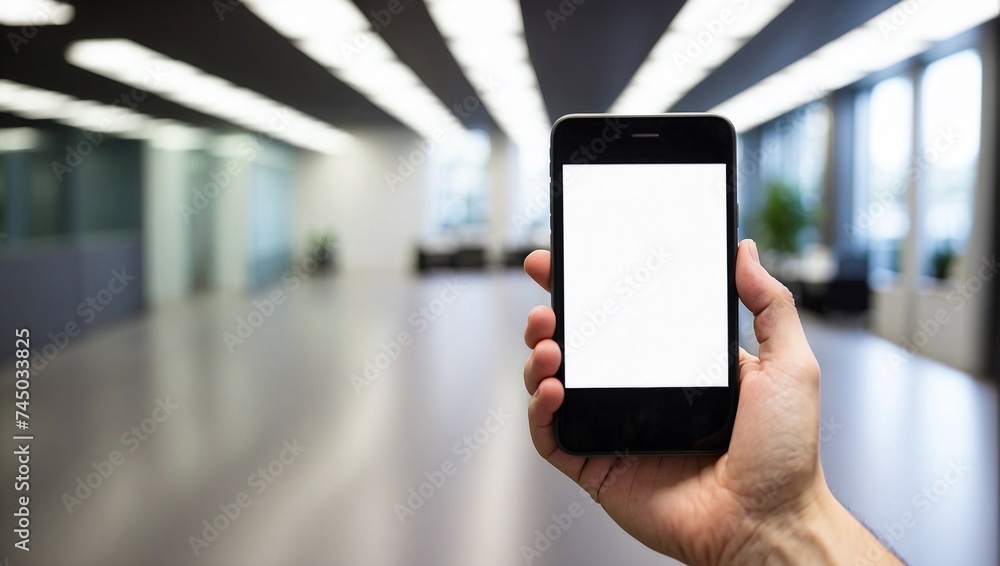 photo of hand holding smartphone with white screen made by AI generative
