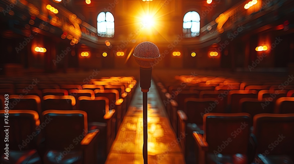 A microphone stands poised on its stand, casting a long shadow across the empty expanse of seats i