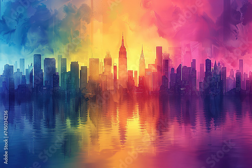 Vibrant city skyline with buildings Surrounded by rainbow colors contrasting with the sunset sky.