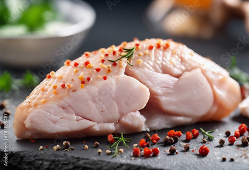Fresh chicken fillet with spices cut out on transparent background Heart shaped chicken fillet Prepa photo