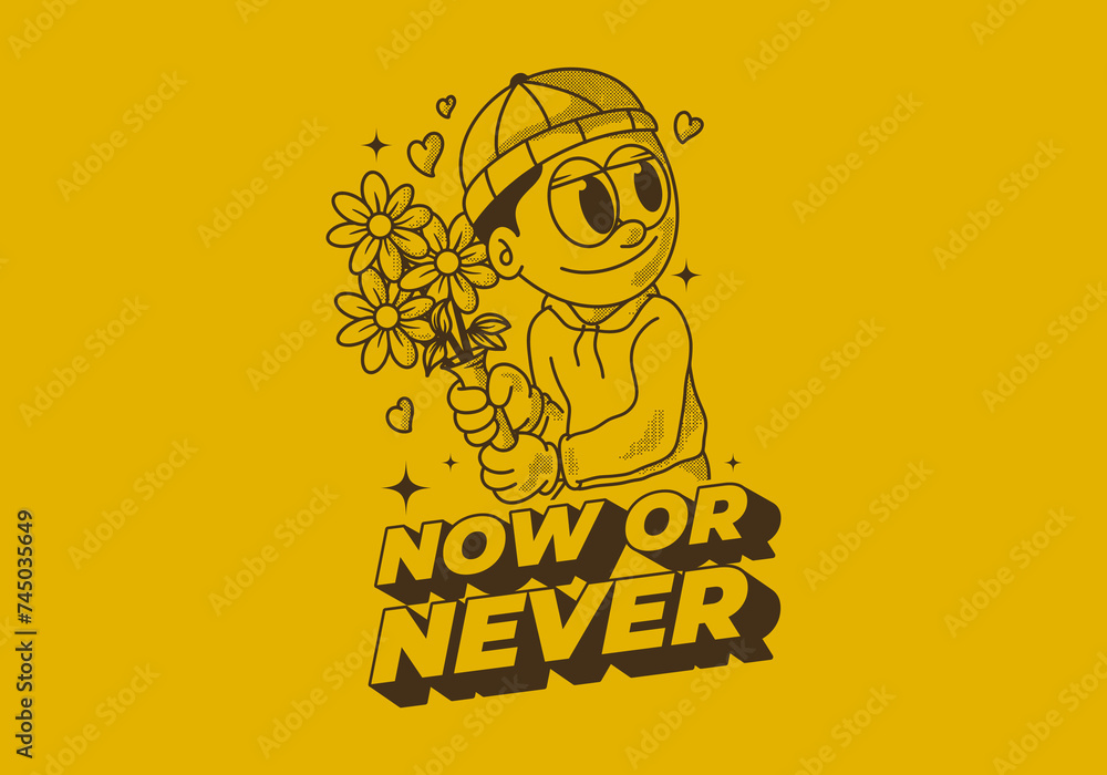 Now or never. Retro illustration of a beanie guy holding a flower Now or never. Retro illustration of a beanie guy holding a flower
