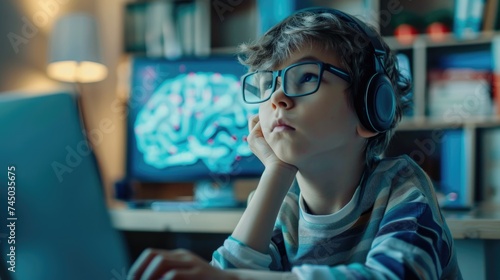 Digital Daydream. A child with headphones gazes thoughtfully at a computer screen, a picture of digital-age contemplation.