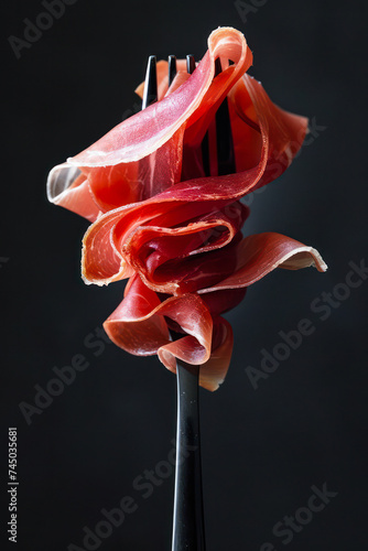  Elegantly twirled slice of prosciutto ham on an fork, isolated on a dark background