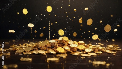 photo of rain and piles of sparkling gold coins made by AI generative