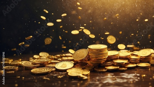 photo of rain and piles of sparkling gold coins made by AI generative