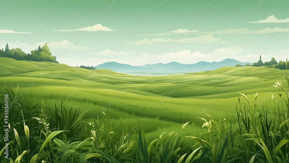 illustration of a beautiful green meadow in the morning made by AI generative