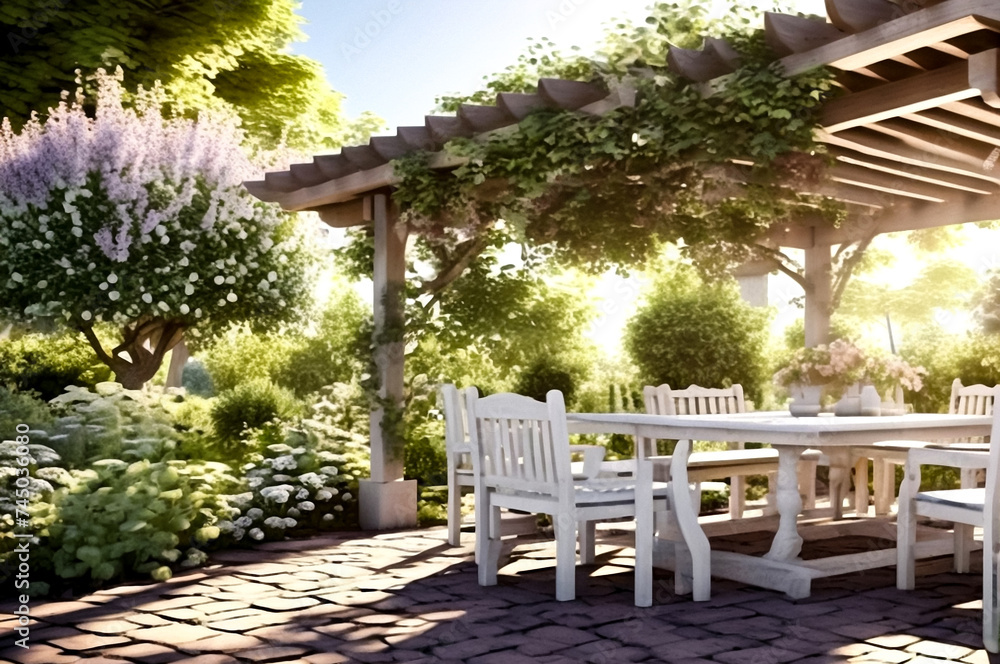 Gazebo, pergola and table in garden at country cottage - relax and unwind. White swing with canopy at green trees on closed lawn of house. Concept of privacy and country recreation. Copy space site