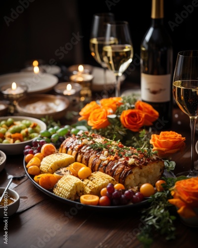 food on the festive table with drinks and candles  Friendsgiving  holiday  party food ideas concept.