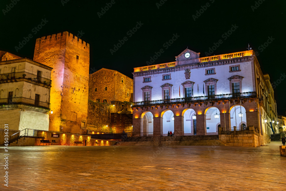 Plaza Mayor with the Town Hall in the medieval town of Caceres, Spain.