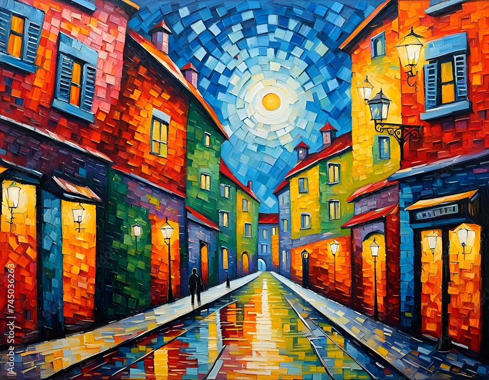 Fototapeta premium City art, painting full of colours representing houses during night.