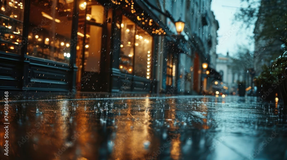 minimalist rain sky setting with ample copy space, accentuated by the subtle and gentle glow of storefront lights, creating a serene and enchanting urban atmosphere