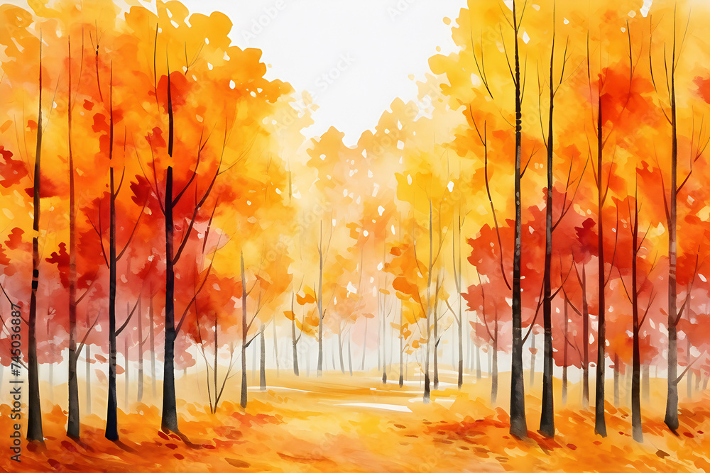 autumn watercolor landscape of orange forest on a light background ,  generated by AI. 3D illustration