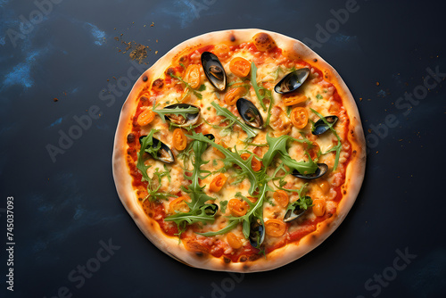 Close-up fresh pizza with mussels, tomatoes and arugula, top view, generated by AI. 3D illustration