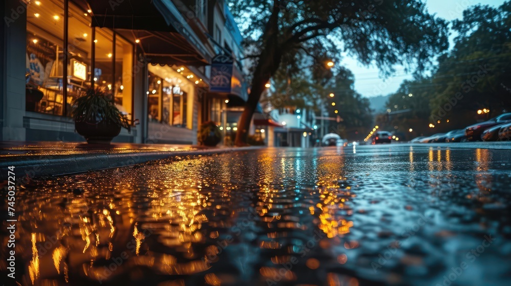 minimalist rain sky setting with ample copy space, accentuated by the subtle and gentle glow of storefront lights, creating a serene and enchanting urban atmosphere