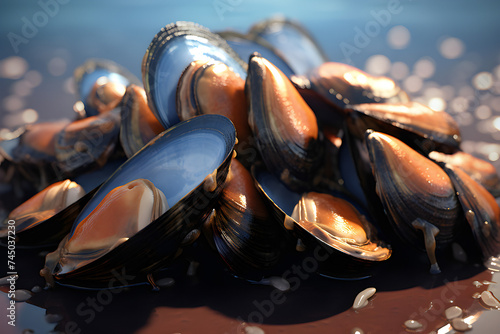 Mussels in the shell with garlic and parsley, Delicious French food, generated by AI. 3D illustration