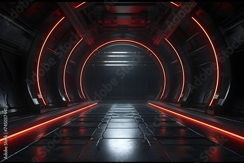   A close-up of a red  neon  tunnel,   generated by AI. 3D illustration