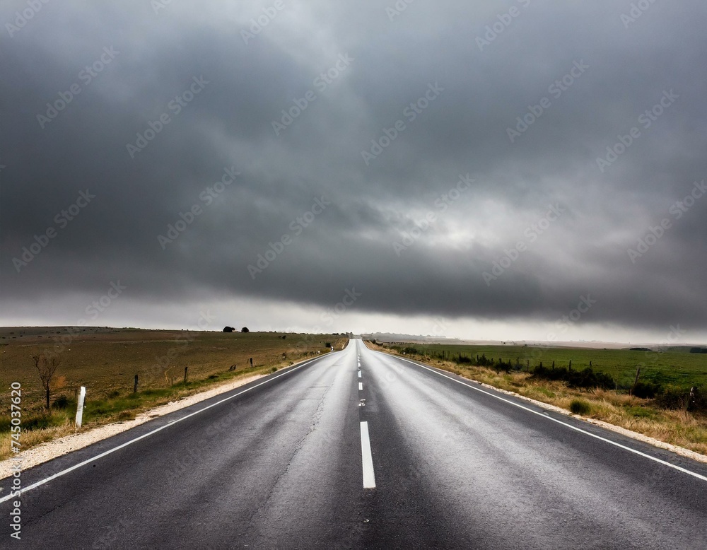 Grey and cloudy horizon and road leading afar Grey and cloudy horizon and road leading afar