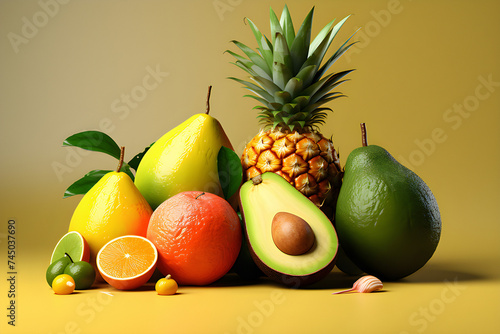 composition of fresh exotic fruits on a  yellow background  created by AI. 3D illustration