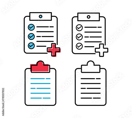 Clipboard line art flat and minimalist icons for web design. Vector illustration of icons with stroke and fill. Medical report board concept icon.