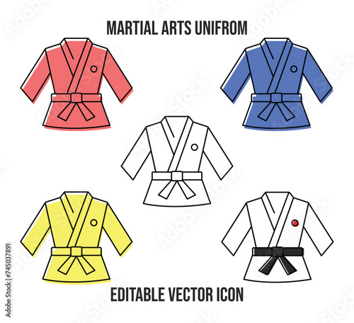 A martial arts uniform line art icon with strokes and fill. Vector illustration of Taekwondo uniform set. Minimalist flat web icons. Karate, kimono concept.
