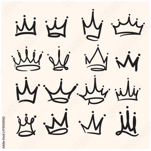 Doodle crown hand drawn set. Doodle princess crown, queen tiara. Line sketch royal element with Illustration style doodle and line art