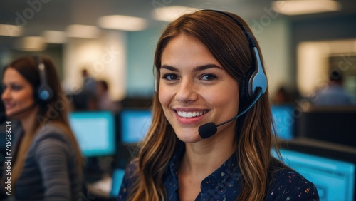 Beautiful Young Female Customer Service Operator Smiling at a Busy Modern Call Center
