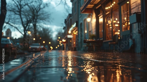 minimalist rain sky setting, highlighted by the subtle and gentle glow of storefront lights, creating a serene and enchanting urban atmosphere