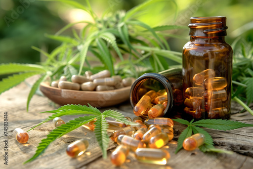 herbal capsules with open bottle and marijuana leaves on wooden background 