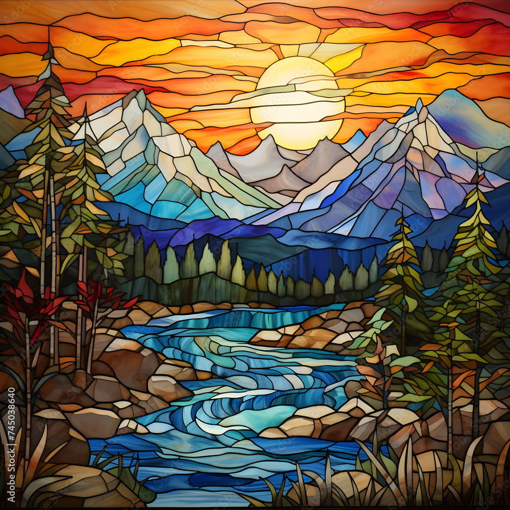 Colorful Stained glass window mosaic style, illustration background of forest and mountains, river stream, western art design. Colorful Stained glass window mosaic style, illustration background of forest and mountains, river stream, western art design.