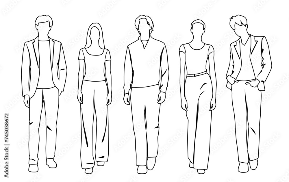 Vector silhouettes of men and a women, a group of standing business people, linear sketch, black and white color isolated on white background Vector silhouettes of men and a women, a group of standing business people, linear sketch, black and white color isolated on white background