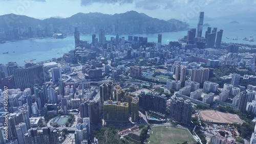 Aerial View of the skyline of Hong Kong Victoria Harbour Hung Hom Whampoa Ho Man Tin To Kwa Wan Sung Wong Toi Tsim Sha Tsui East Kowloon Peninsula,a commercial hub with the financial business  photo