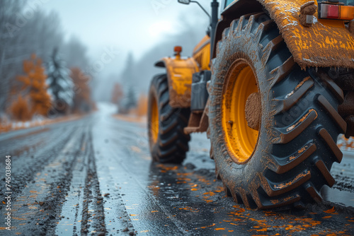 Agricultural tractor on a wet road. Concept of farming