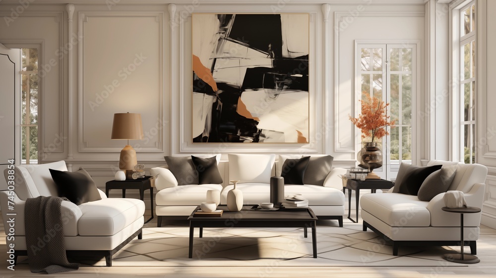 Fototapeta premium A sleek living room with creamy white walls and coal black accent furniture