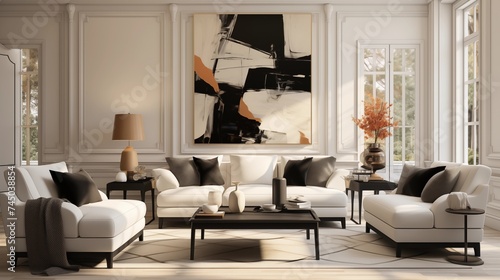 A sleek living room with creamy white walls and coal black accent furniture