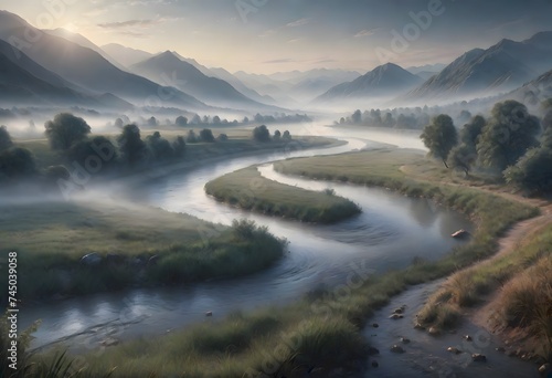 Serene Landscape with Winding River Flowing Through Green Fields  Generative AI