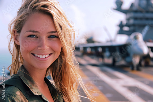 Blonde woman wearing air force uniform in the combat aircraft carrier