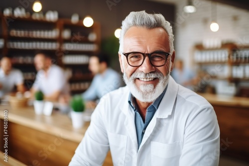 Smiling elderly white-haired pharmacist with a beard and glasses in a modern pharmacy