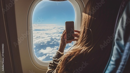 A woman captures the scenery from her airplane window using her phone, while enjoying the in-flight internet.