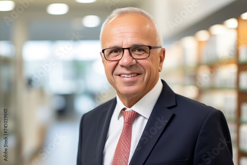 Portrait of smile older man with gray hair in classic suit, tie and glasses before business meeting