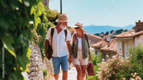 Energetic elderly duo exploring France, relishing in its urban and pastoral areas. photo
